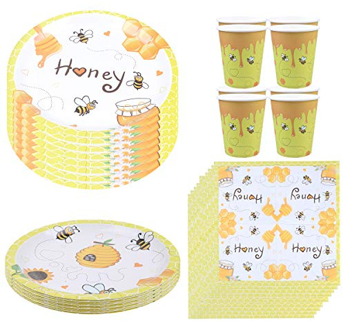 PRETYZOOM Bee Theme Disposable Tableware Set 44Pcs Party Paper Plate Cup Napkins Birthday Tableware Set for Kids Party Supplies