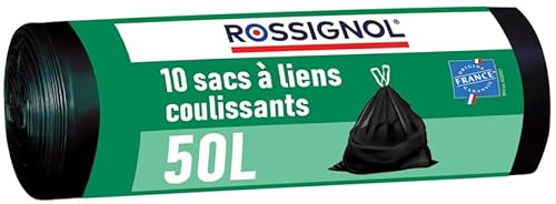 Certified Origin France Guarantee, 10 bin bags of 50L, resistant and waterproof bags, Closure with integrated sliding ties, BAGY ROSSIGNOL