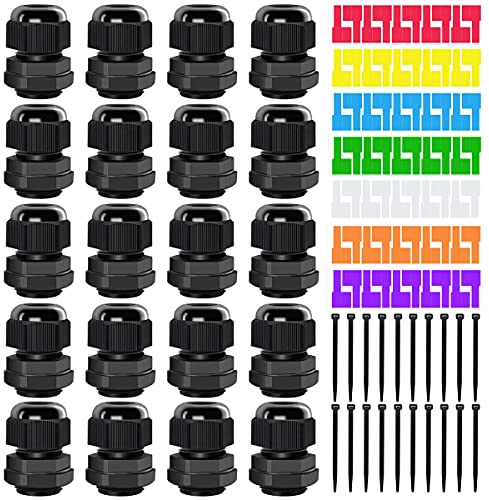 Youmile 20 Pcs PG11 Waterproof Cable Gland IP68 Adjustable 5-10mm Nylon Plastic Seal Wire Connector for Junction Box with 7 Pcs Cable Labels, 20 Pcs Wire Ties