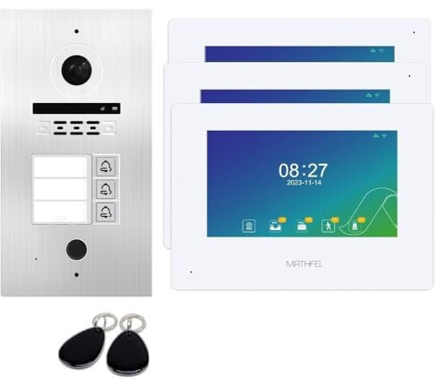 MATHFEL 2 Draht Bus Technik 3 Familienhaus Video Türsprechanlage Gegensprechanlage Fischaugenkamera 170 Grad, 3x7'' Monitor in weiß. Fingerprint und RFID Leser mit 2 Chips