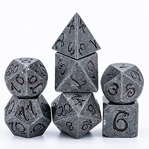 World of Dice Metallwürfel Steinoptik - Pen and Paper Würfel Set, 7 teilig, ideal für Dungeons and Dragons (DND), Das Schwarze Auge (DSA), Shadowrun, Cthulhu und andere RPG