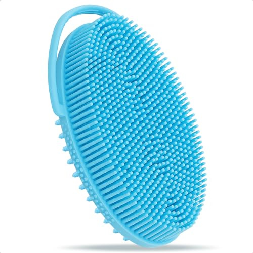 FREATECH Brosse pour Corps en Silicone à 2 Faces avec Poignée Boucle, Brosse pour Bain & Douche pour Exfolier et Masser la Corps, Facile Tenir et Accrocher, Hygiénique et Durable, Bleu Clair
