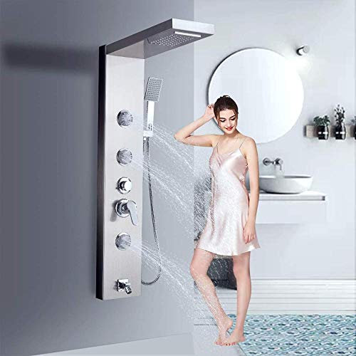 304 Edelstahl Duschsäule Turmpaneel mit 3 x Massagedüsen Misch mit Wasserfall Regendusche Handbrause und Wanneneinlauf Wandmontage Duschset
