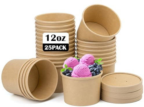 BUOKKON 25 Pack Ice Cream Containers, Soup Containers | With Lids, Disposable Cups with Lids, Brown Kraft Soup Cups Paper Bowls Takeaway Tubs for Dessert (12oz / 350ML)