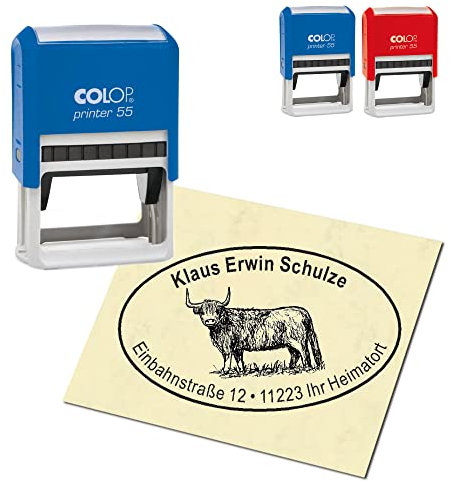 Adressstempel personalisiert Stempel - Schottisches Hochlandrind - oval 59 x 39 mm Automatikstempel als Firmenstempel Namensstempel Bürostempel