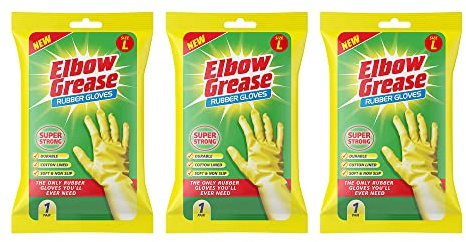 Elbow Grease All Purpose Rubber Glove Cotton Lined Extra Strong Non-Slip Size Large - Kitchen Dish Washing Yellow Rubber Gloves (Pack of 3)