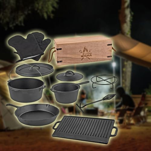 Gusseisen Grill Feuertopf Pfanne Grillplatte Stellplatte Deckelheber Handschuhe - Set 7-tlg. in Holzbox Geschenk