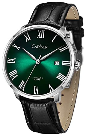 CADISEN Automatik Uhr Herren Mechanische Automatikuhr Echtes Lederband wasserdichte Freizeituhr für Männer (Grün)
