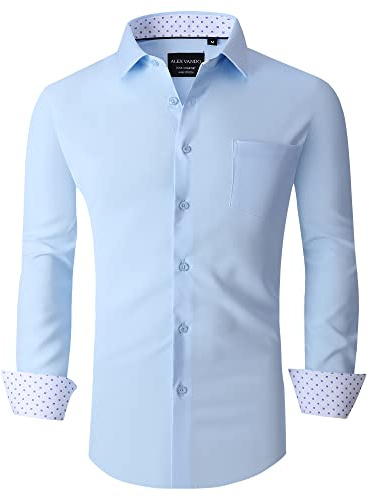 Alex Vando Mens Dress Shirts Regular Fit Long Sleeve Stretch Business Dress Shirts for Men,Blue,L