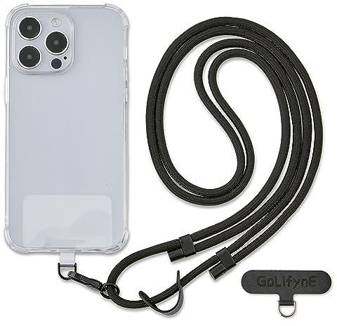 Golifyne 6mm Crossbody Phone Lanyard | 80-150cm Universal Phone Strap | w/ 2 Non-Adhesive Tether Tabs | Compatible with iPhone/Samsung/Huawei Smartphones (no cases included) - Black