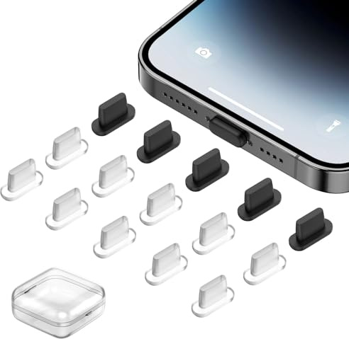 ACAGET 15 Pcs Charging Port Cover Dust Protectors Stopper for iPhone 14 13 | Silicone Anti Dust Plug for iPhone 14 Pro Max 13,12,12 mini, 12 Pro,11, X, SE, XS, XR, 8, 7, iPad and Airpods, Black+ Clear