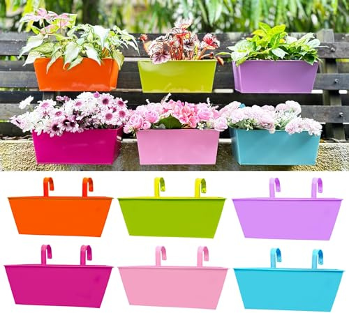LalaGreen Pflanzgefäß für Outdoor-Pflanzen (6 Stück, 40,6 cm), buntes Metall, rechteckiges Geländer, hängende Pflanzgefäße, Erdbeere, Balkon, Garten, Deck, Zaun, Eimer, moderne Fenster-Blumenkästen,