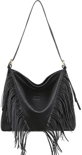 Teanea Hobo-Tasche aus PU-Leder mit Fransen, große Nieten, Handtasche, Crossbody-Tasche für Damen, D-schwarz, Einheitsgröße