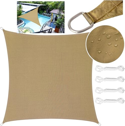 LEcylankEr Sun Shade Sail 2x2m Square PES Polyester Waterproof Sail Shade with Accessories 95% UV Block Shade Sails Sun Shades for Garden Outdoor Patio Pergola Balcony (sand, 2 x 2 m)