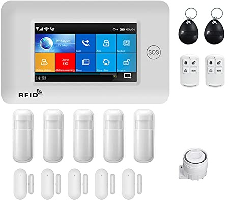 JOXLOVER PG106 4G inalámbrico GPRS Pantalla táctil Smart Home Sistemas de Alarma de Seguridad antirrobo con Sirena Detector de Humo Sensor de Puerta(Set-E)