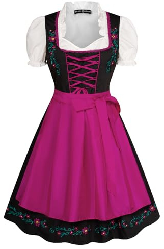 SCARLET DARKNESS Women Midi 3pcs Set A-Line Short Sleeve Dirndl Dress Blouse Apron Rose Red L
