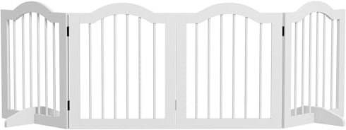 PawHut Puerta para perros de 4 piezas, 203,5 x 61 cm Puerta plegable para perros con puerta, puerta protectora con 2 patas de apoyo, puerta de escalera independiente para cocina, pasillo, blanco