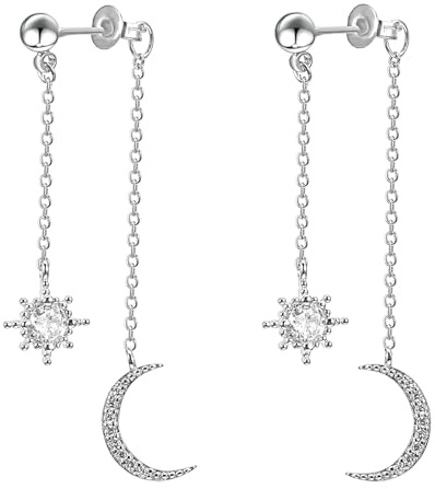 Telooco 925 Sterling Silver Earrings for Women Shiny Star and Moon Dangle Drop Earring Anti-allergic Crystal Dangly Earring Front and Back Double Chain Long Earrings for Women Girls
