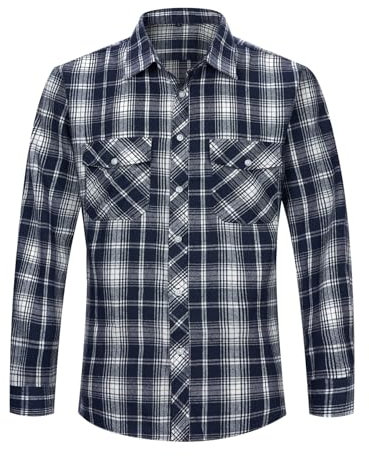 Wirltte Mens Shirts Long Sleeve Casual Flannel Checked Plaid Regular Fit Button Down Shirt with Pockets Navy L