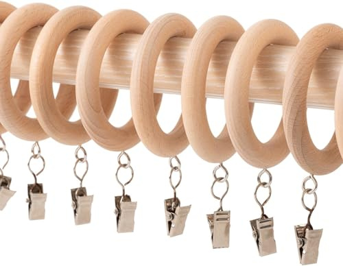 Holz-Vorhangringe mit Clips, Bauernhaus-Vorhang-Clips für Gardinenstangen, 2,8 cm, Holzringe für Vorhänge (12 Stück, 3,6 cm Innendurchmesser)