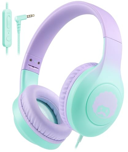 RockPapa C24 Kinder Kopfhörer mit Kabel, HD-Mikrofon, Leichte, Faltbare Kabel kopfhörer mit 3,5 mm Jack, On-Ear Stereo Bass Kopfhörer für Schule/Reise/Telefon Farbverlauf Violett Grün