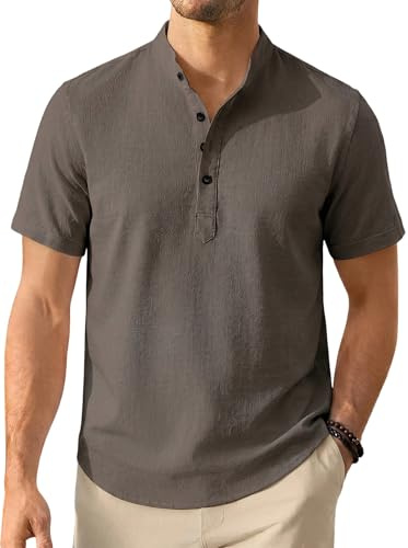 Enlision herr bomull linne skjortor kortärmade lediga kraglösa farfarskjortor för män sommar semester strand Henley skjorta toppar, Brun, 4XL