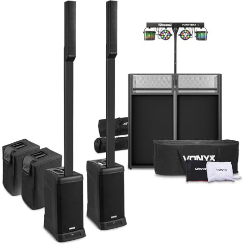 Vonyx VX820 Column Array Speaker Mobile DJ Setup, 800W Complete PA System Package with LED Partybar Lights and Folding Booth for Small to Medium Events