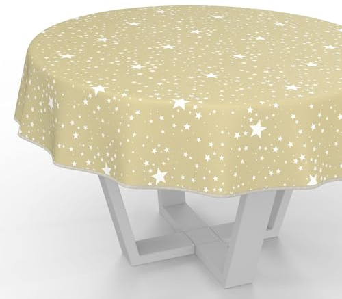 Wachstuchtischdecke Wachstischdecke Wachstuch Tischdecke abwaschbar Gartentischdecke Wasserabweisend Rund 140cm mit Saum (Eingefasst) Sterne Beige