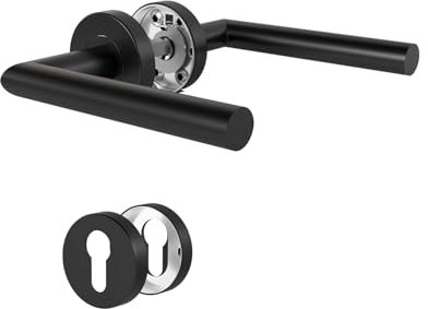 DIYGEEK Door Handles, Interior Doors, Door Handle Black Powder-Coated for Door Handle Set / Rosette Fitting, Room Door, Door Handle Set Stainless Steel with Rosette Diameter 52 mm PZ Profile Cylinder