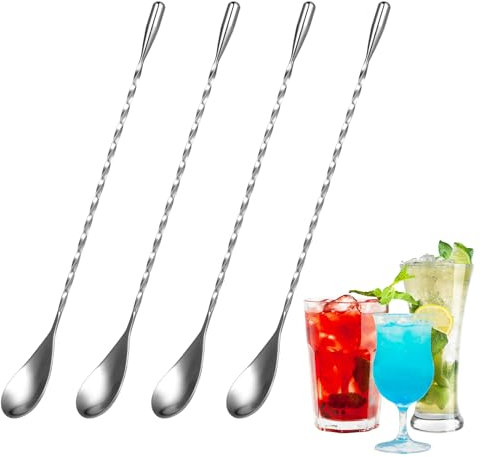 4 Stück Barlöffel – Lange Löffel – Cocktail Löffel, 25cm, Edelstahl, Longdrink Rührer mit Spiralmuster und Spiegelpolitur, Stilvolles Design, Perfekt für Martinis, Cocktails, Kaffee und Shaker