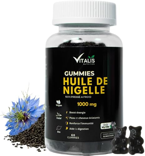 Gummies à l'Huile de Nigelle | Graine de Cumin Noir | 1000mg | Antioxydant Naturel, Immunité & Vitalité | Riche en Thymoquinone & Oméga | Vegan, Bio, Pressé à Froid | Nigella Sativia – 60 Gummies