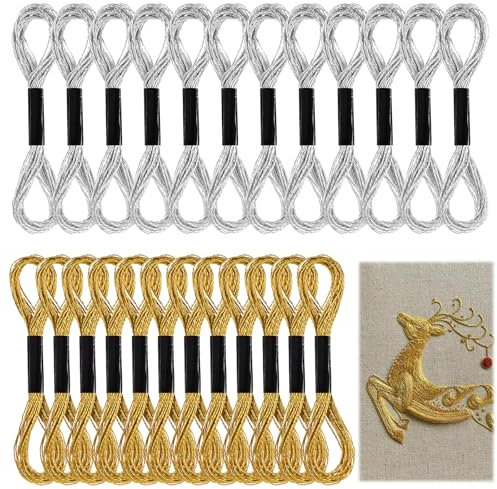 Oruola 24 Stück Stickgarn Metallic Gold,Stickgarn Gold,Polyestergarn Kreuzstichfäden Anchor Stickgarns,Embroidery Thread Nähgarn,8m Golden und Silber Sticktwist für Kreuzstich und Handarbeiten