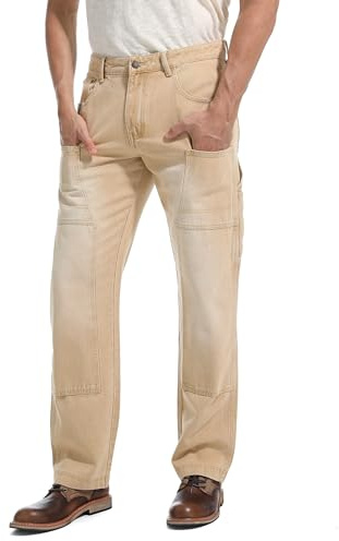 Arbetarjeans, herr, lös passform, cargo, arbetsjeans med förstärkt framsida, kaki, 42W / 30L