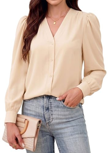 Blouses for Women Business Casual Tops Satin Silk V Neck Long Sleeve Button Down Shirts Work Blouses, Modal - Beige, XXL