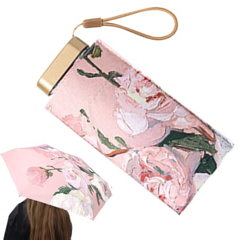 Sombrilla para el sol, paraguas compacto de viaje, doble propósito, suministros ligeros al aire libre para playa y viajes diarios, Medicina de peonía rosa, Black glue