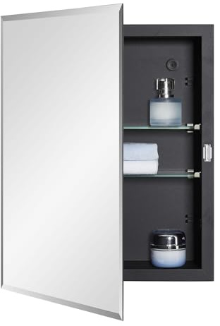 IDYLLOR Black Bathroom Medicine Cabinet with Beveled Edge Mirrored Door 14 x 18 inch, Recessed or Surface Mount, with Adjustable Glass Shelves
