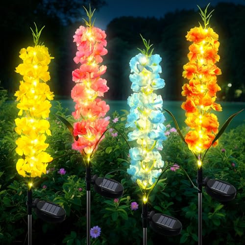 Qoosea Luci Solari da Giardino Esterna, 4 Pezzi Fiori di Giacinto Lampada Solare 2 Modalità LED Lampade Solari Fiore IP65 Impermeabile, Decorazione per Cortile Prato Patio Nozze Feste