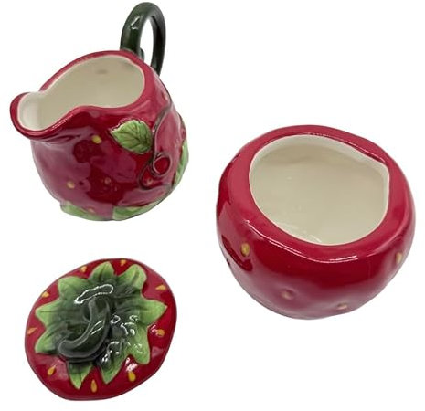 Set de Azucarero y Lechera Vintage en Forma de Fresa – Juego de Azucarero Cerámica con Tapa – Azucarero Rojo Cocina Gres 11x20 cm