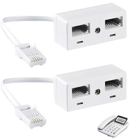 Ksywydu 2PCS BT Telephone Splitters 2 Way, UK Landline Telephone Splitter Double Phone Socket Adapter, RJ11 BT Plug Male to 2 Female Sockets for UK Landline, FAX, Modem, Cable Adapter, White