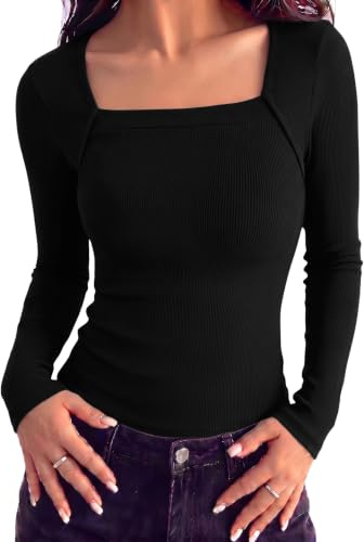 Aottori Womens Ribbed Long Sleeve Top Square Neck Plain Slim Fit Base Layer | Long Sleeve Design Square Neck Detail Ribbed Texture Stretch Fabric Plain Finish Slim Fit Shape Base Layer Design Tunic Shape