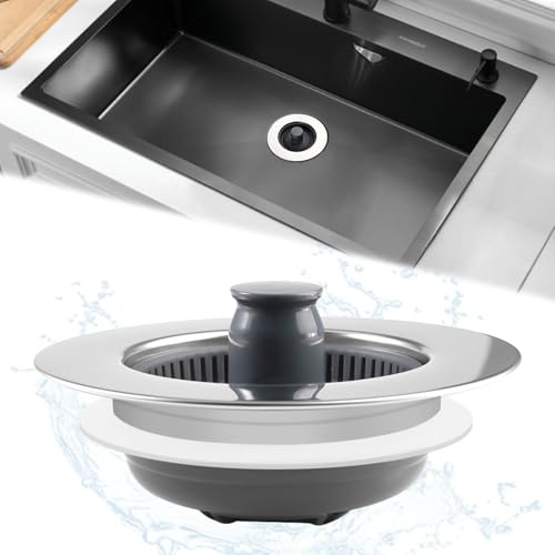 Bouchon Evier Cuisine, évier de Cuisine Passoire et Bouchon Combo, Universel 3 en 1 Coquille en Acier Inoxydable avec Passoire Anti-Colmatage, Grille Evier Cuisine-Profondeur de L'évier >22mm