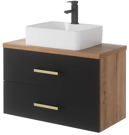 UEV Mobile Bagno 80CM con Lavabo in Stile Rustico,Lavandino con Mobiletto da Parete, Mobiletto Bagno Sospeso Impermeabile e Resistente, Nero