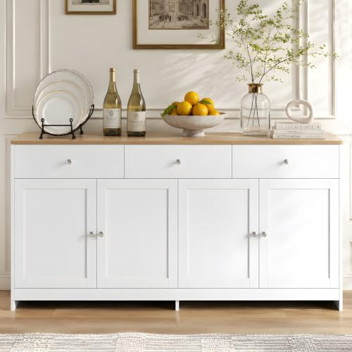 Credenza, cassettiera con 4 ante e 3 cassetti, credenza con ripiani regolabili, armadietto a buffet, per soggiorno, sala da pranzo, cucina, corridoio, natura e bianco (bianco, 160 x 37 x 75)