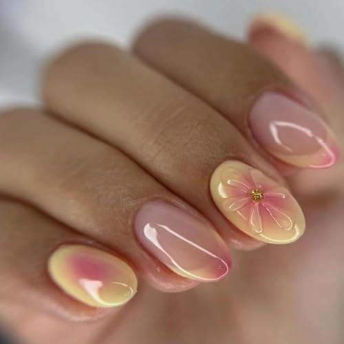Ceboic 24 Pezzi Unghie Finte Ovali Corte, French Press on Nails, Arancione Unghie Finte Adesive, Lucide Stick sulle Unghie con Fiori a Goccia, Acrilico Copertura Completa Fake Nails per Ragazze Donna