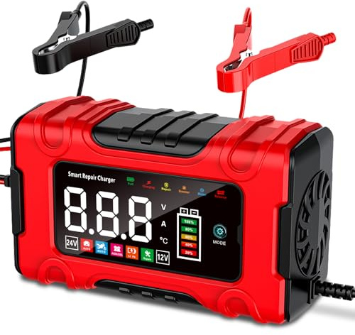 Chargeur de Batterie Voiture 10A, 12V/24V Chargeur Batterie Moto Intelligent avec Mode Réparation et Charge d'entretien pour Voitures, Motos et Camions, Batteries AGM, Gel, Humides, SLA et LiFePO4