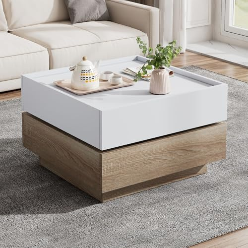 SACOOL Mesa de salón de 60 x 60 x 38 cm, mesa giratoria de 360° con 2 niveles y armario de almacenamiento, mesa auxiliar con marco de nogal para el salón, color blanco