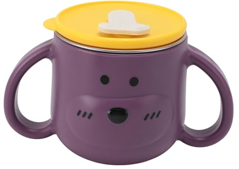 Riuulity Tazza Termica per Bambini con Cannuccia, Tazza per Latte per Bambini Carina in Acciaio Inossidabile 316L per Uso All'asilo, Doppio Manico per Che Bevono Cartoni Animati (PURPLE)