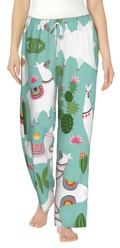 Pantalon de pyjama ample pour femme, motif lama tropical, alpaga, cactus, fleur, pantalon de nuit doux et confortable pour femmes, filles à Noël, blanc, 3XL