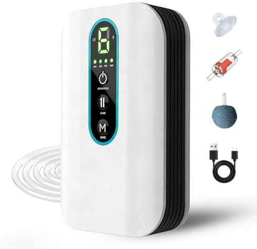 Aquarium Luftpumpe, USB Aufladbar Sauerstoffpumpe mit 1 Auslass, 6-Stufig Einstellbarer Luftstrom, 3L/Min, Tragbare Belüfter, Aquarium Pumpe für Aquarien, Gartenteiche Outdoor Angeln Stromausfälle