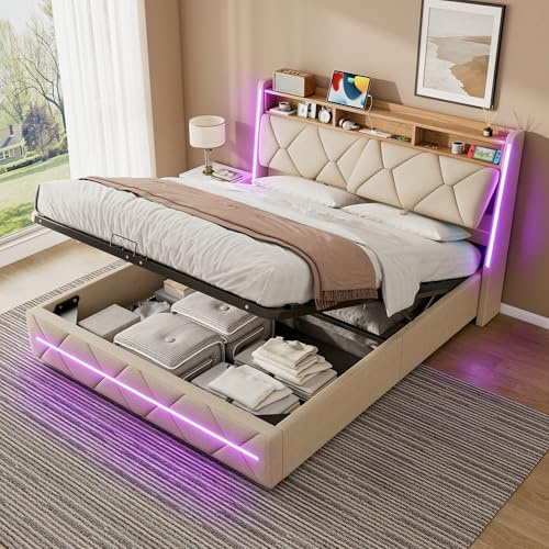 ZUUYEE Double Bed Frame 4ft6 with USB C and LED, Double Ottoman Bed with Storage and Headboard, Beds, Frames and Bases with Metal Bedframe and Slats, Beige Linen, 135x190cm, Without Mattress